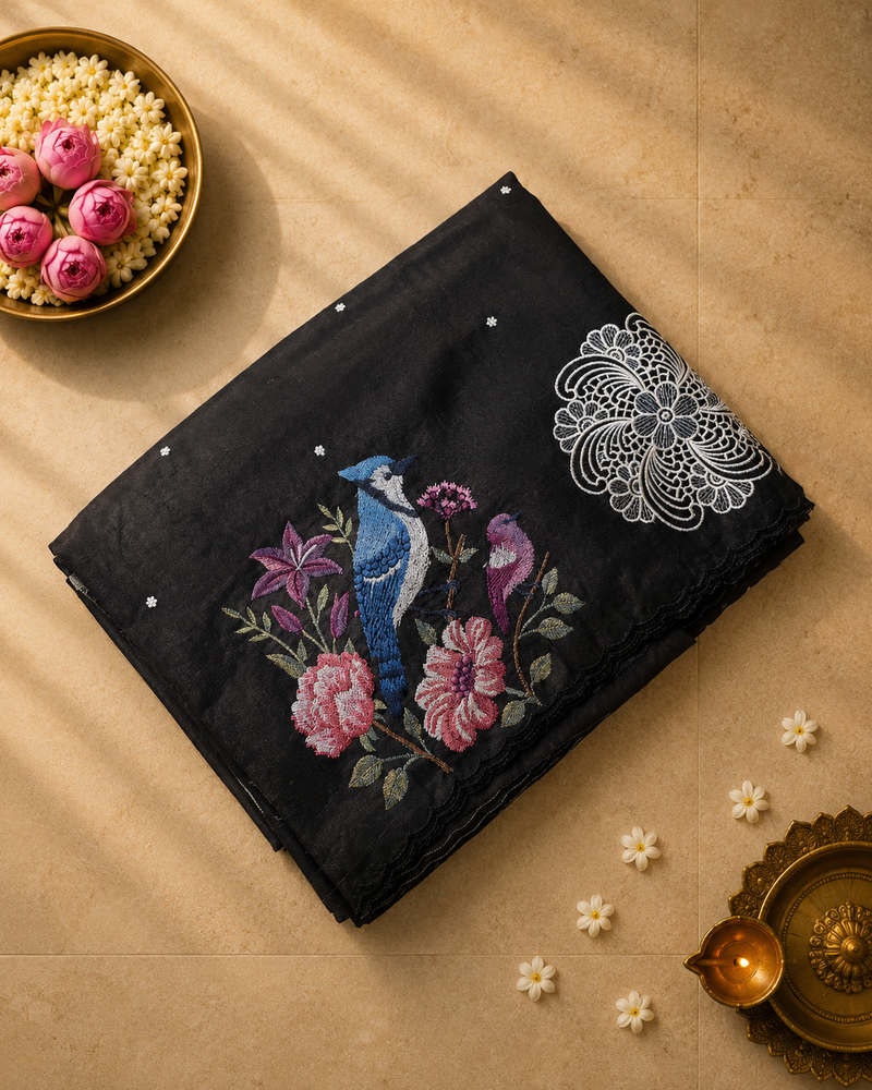 Pure Raw Silk with Cutwork and petitpoint embroidery