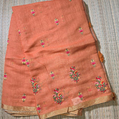 Linen Sari with Embroidered Motifs and Contrast Blouse