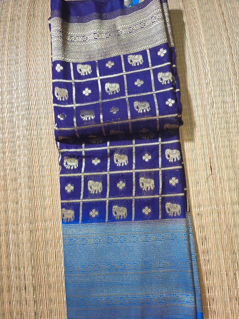 Premium Semi Mysore Crepe with Elephant motifs ,Rich Pallu and Ganga Jamuna Border