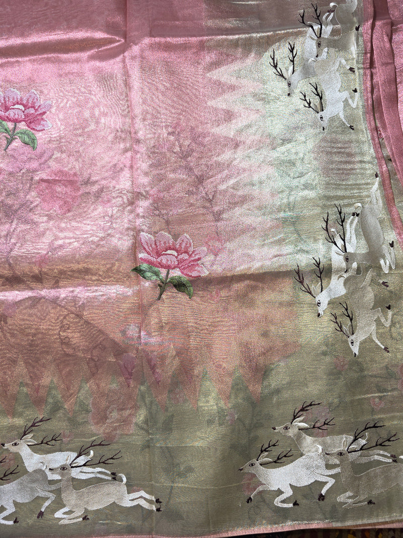 Pure Kora Tissue Saree with Embroidery and heavy Blouse