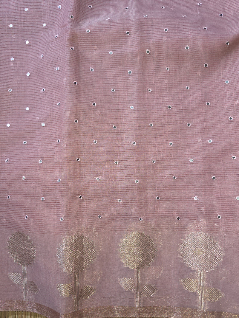 Pink Linen Zari Saree with woven Motifs and Mirror work