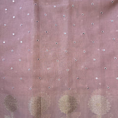 Pink Linen Zari Saree with woven Motifs and Mirror work