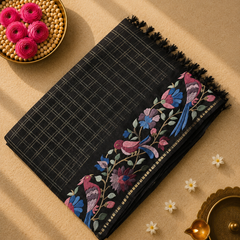 Tussar Silk Saree with Embroidery and Zari Checks