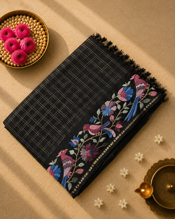 Tussar Silk Saree with Embroidery and Zari Checks