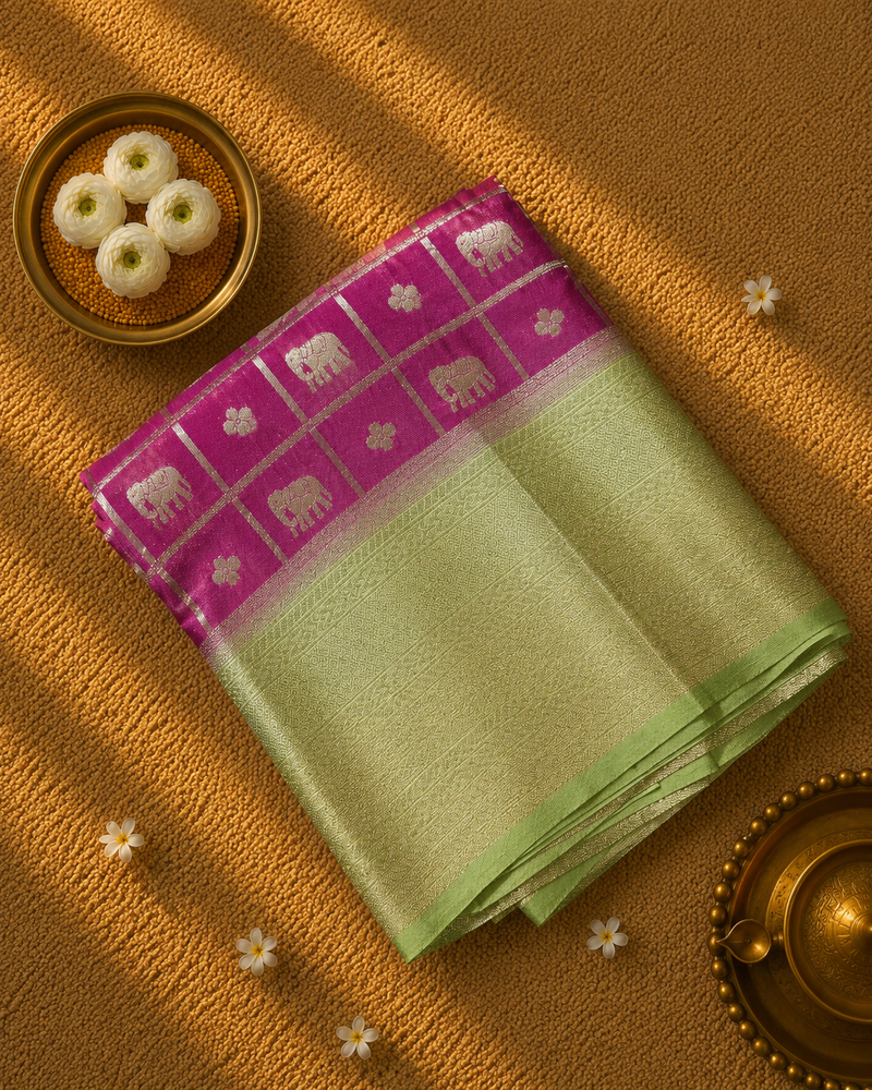 Premium Semi Mysore Crepe with Elephant motifs ,Rich Pallu and Ganga Jamuna Border