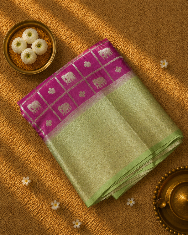 Premium Semi Mysore Crepe with Elephant motifs ,Rich Pallu and Ganga Jamuna Border