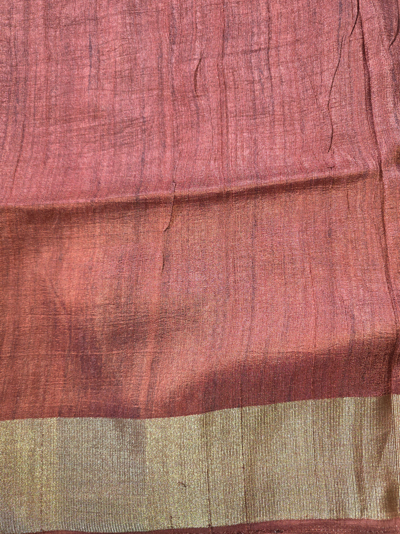 Rust Floral Printed Tussar Saree
