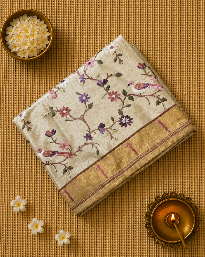 Pure Kora Tissue Saree with Muniya Border and Heavy Embriodery
