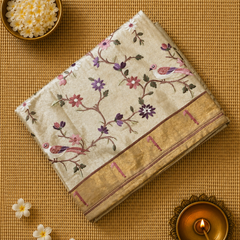 Pure Kora Tissue Saree with Muniya Border and Heavy Embriodery