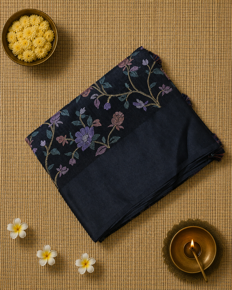 Tussar Linen Saree with Intricate Floral Embroidery