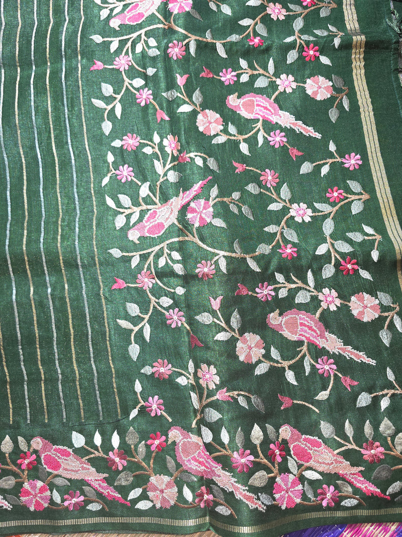 Pure Tussar Silk Saree with Vertical Zari Stripes and Embroidery