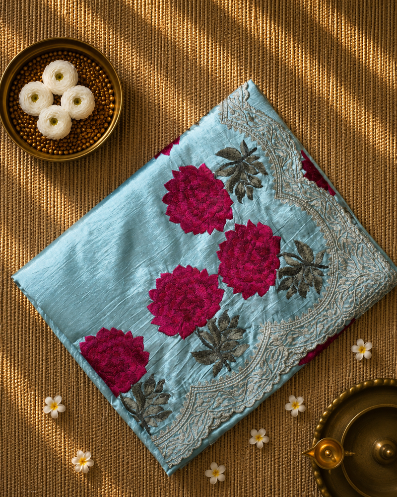 Pure Raw Silk Saree with Scallop Border and Embroidery