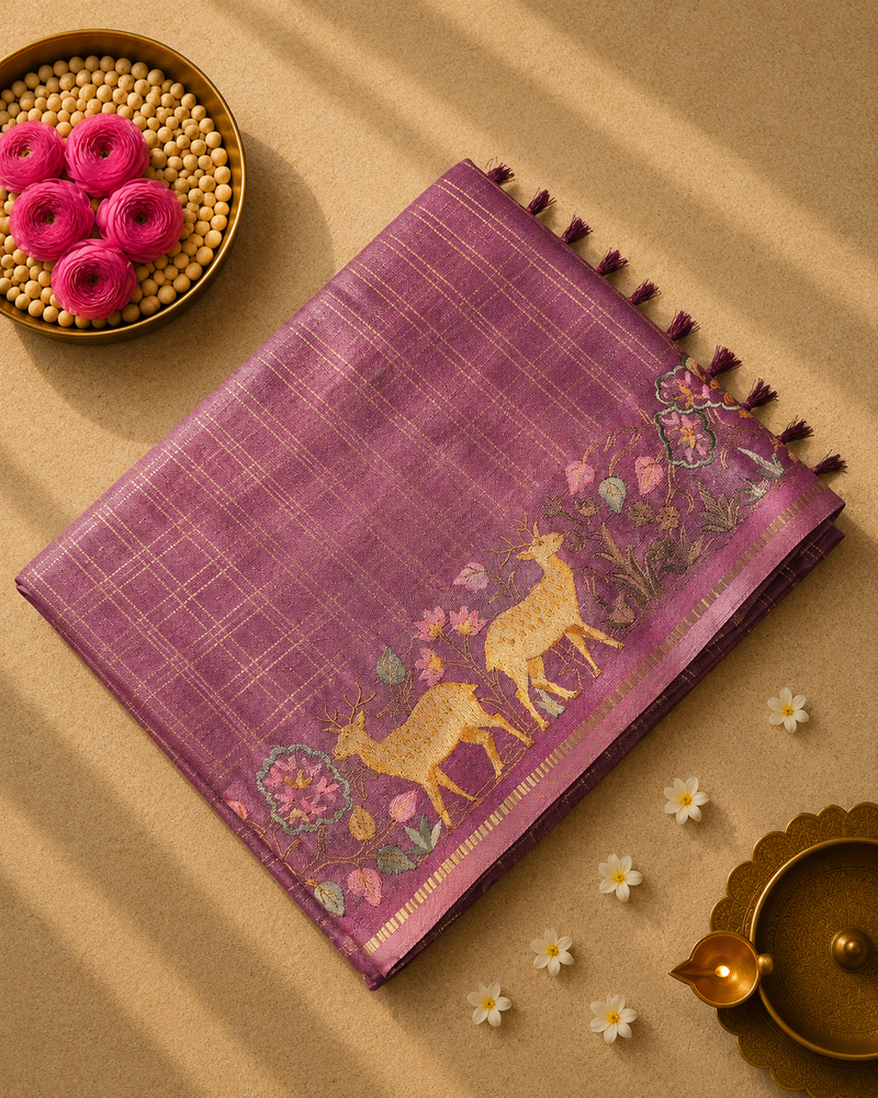 Tussar Saree with Zari checks and Embroidery