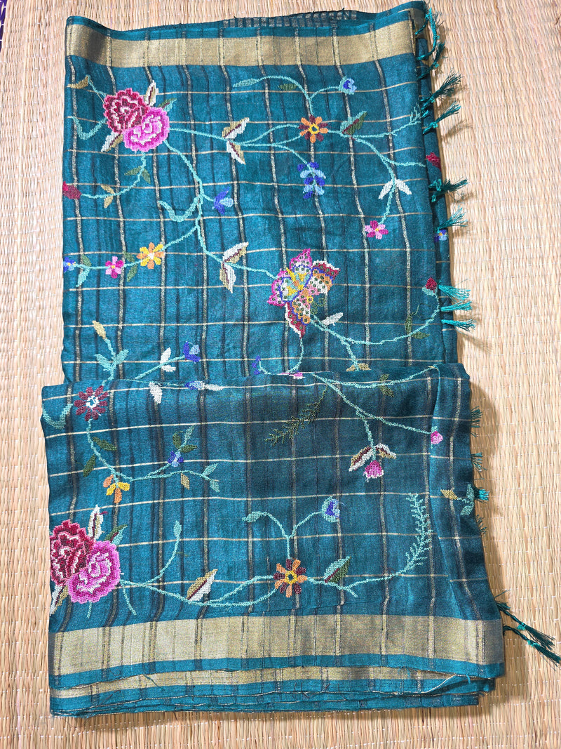 Pure Handloom Tussar Saree with Petit Point Embroidery all over