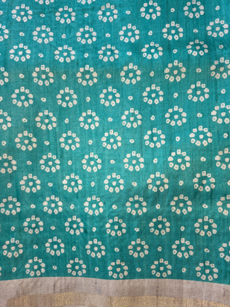 Printed Tussar Silk Saree with Embroidered Border