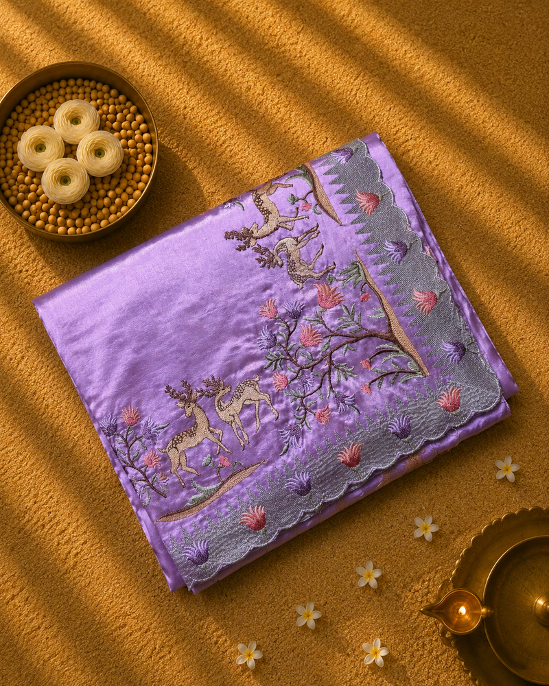 Pure Raw Silk with German Silver Border and Embroidery