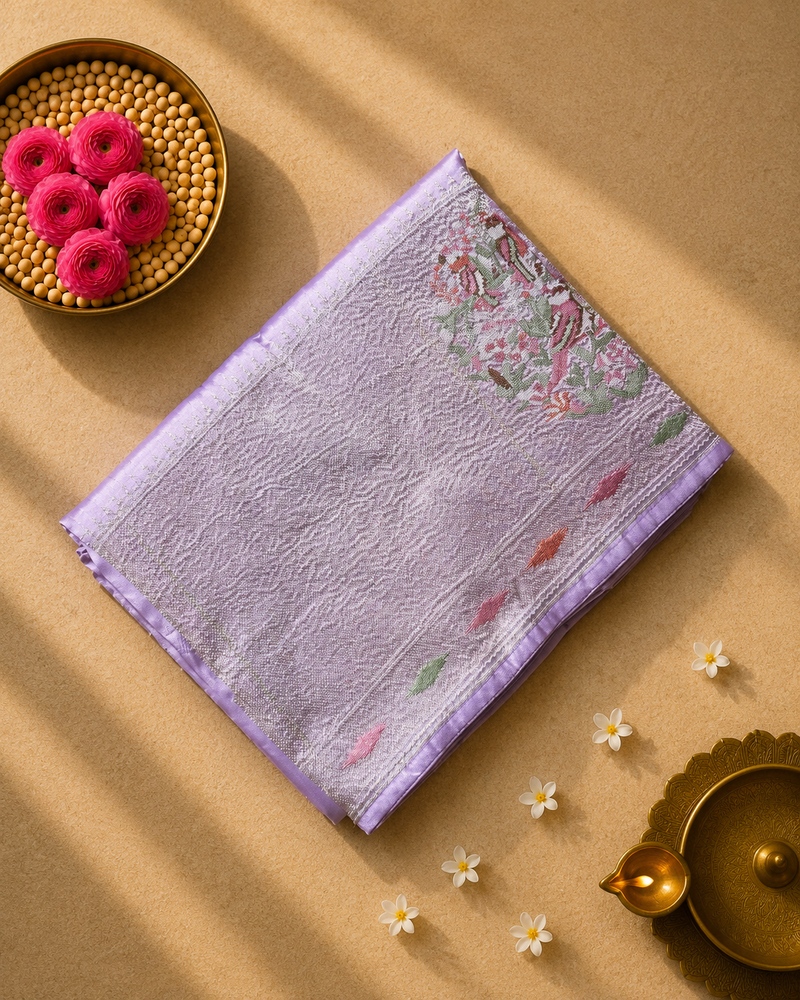 Pure Raw Silk Saree with 10 inch German Silver Border and Petit Point Work