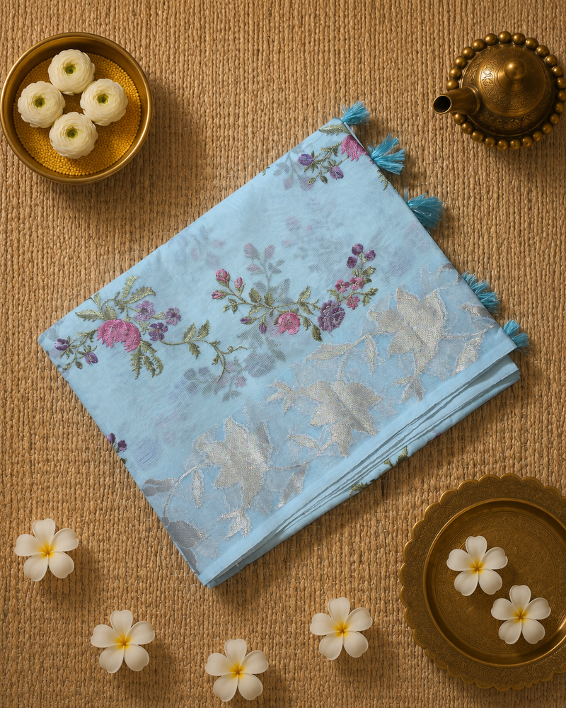 Kota Tissue Saree with Floral Woven Border and Embroidery