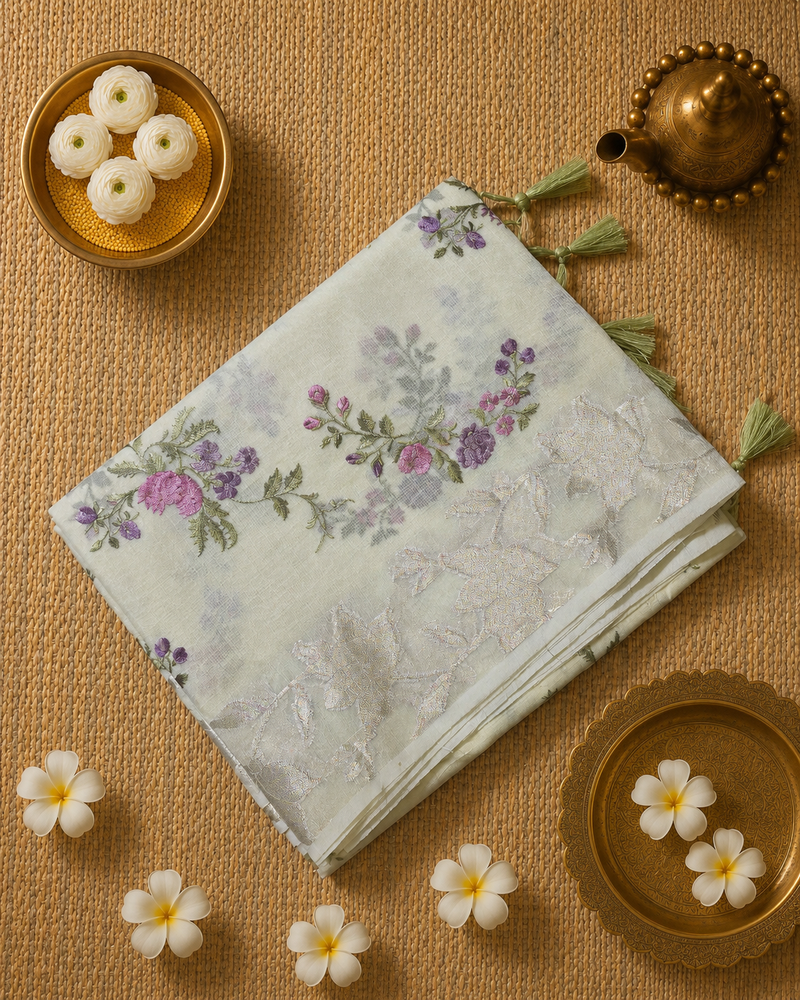 Kota Tissue Saree with Floral Woven Border and Embroidery