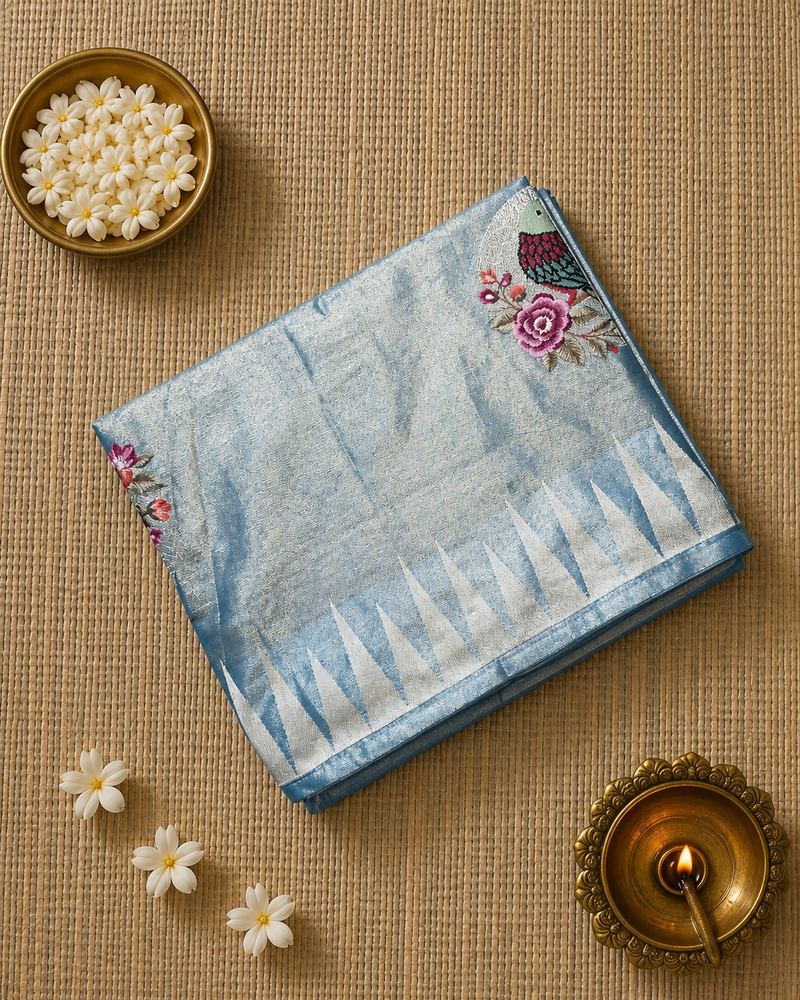 Pure Kora TIssue Saree with Temple Border and BIrd Motifs