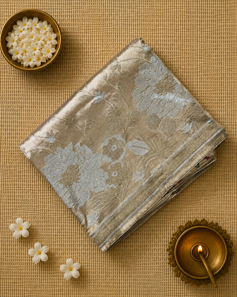 Pure Kora Tissue Saree in Gold with Designer Blouse