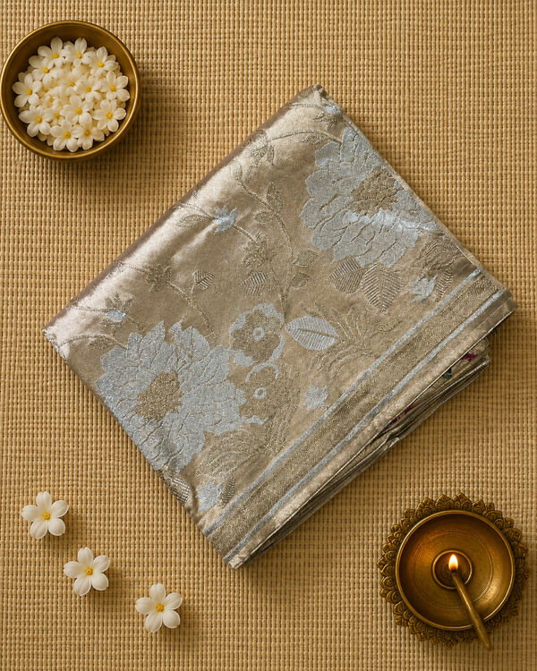 Pure Kora Tissue Saree in Gold with Designer Blouse