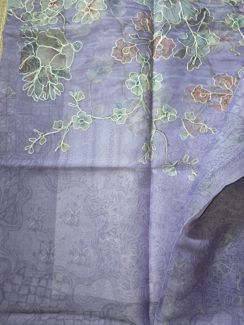 Kora Silk Printed Saree with Aari Work