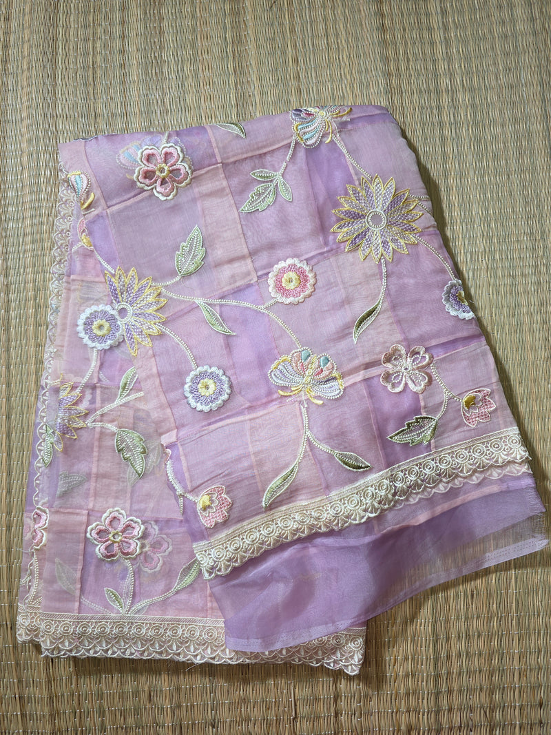 Pure Tissue and Chanderi Fusion Saree with Thread Work