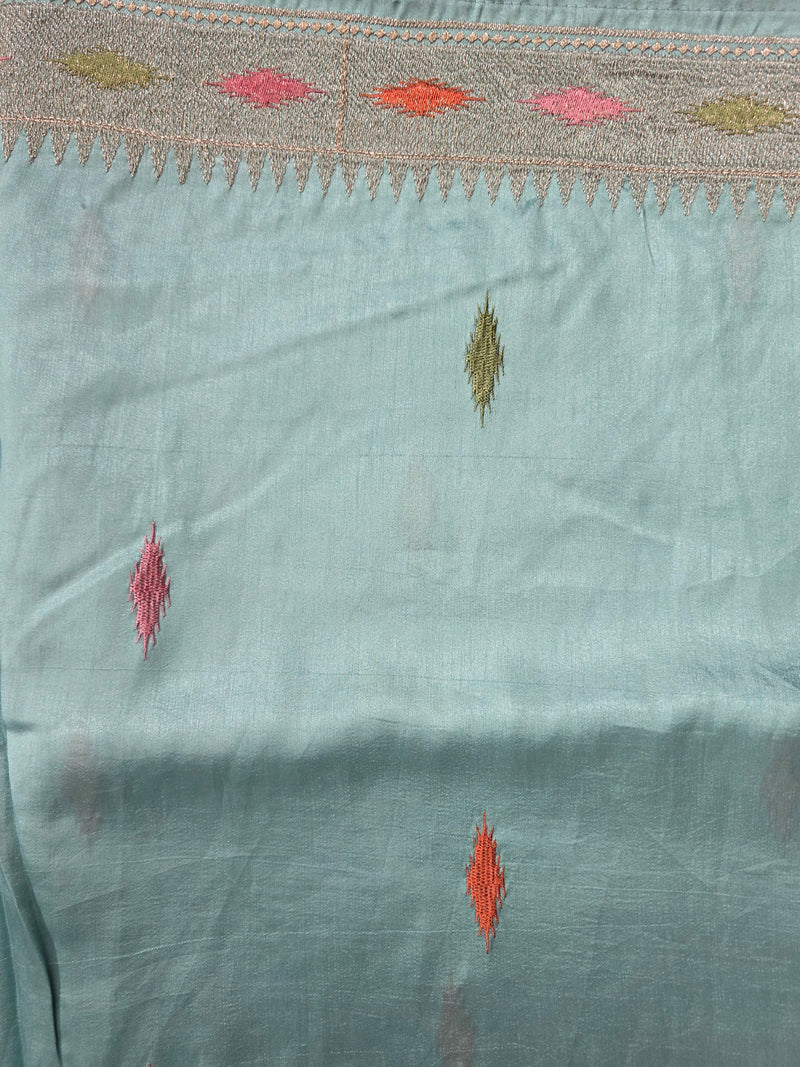 Pure Raw Silk Saree with 10 inch German Silver Border and Petit Point Work