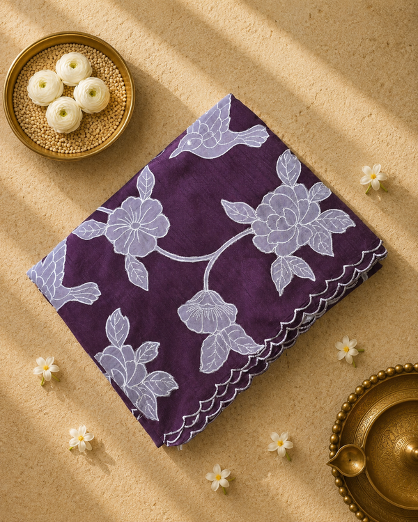 Maroon Pure Kora Raw Silk with all over Applique work
