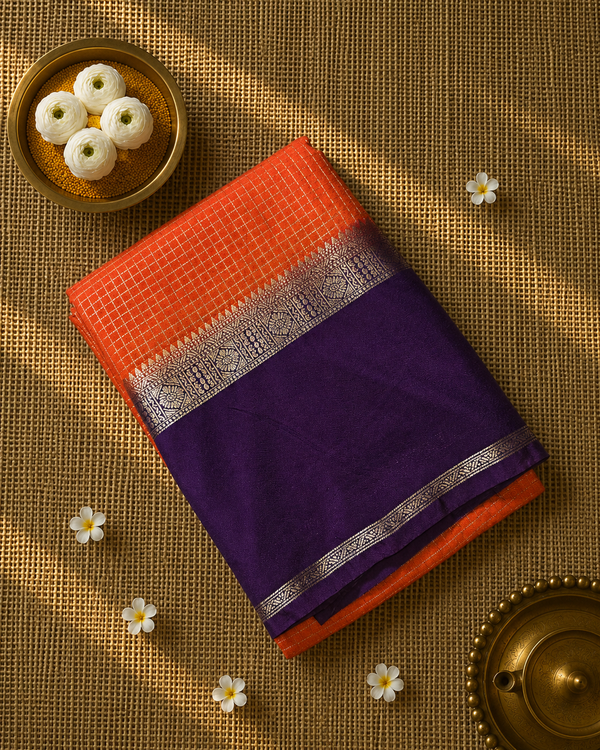 Premium Semi Mysore Crepe in Vintage Checks with Gap Border