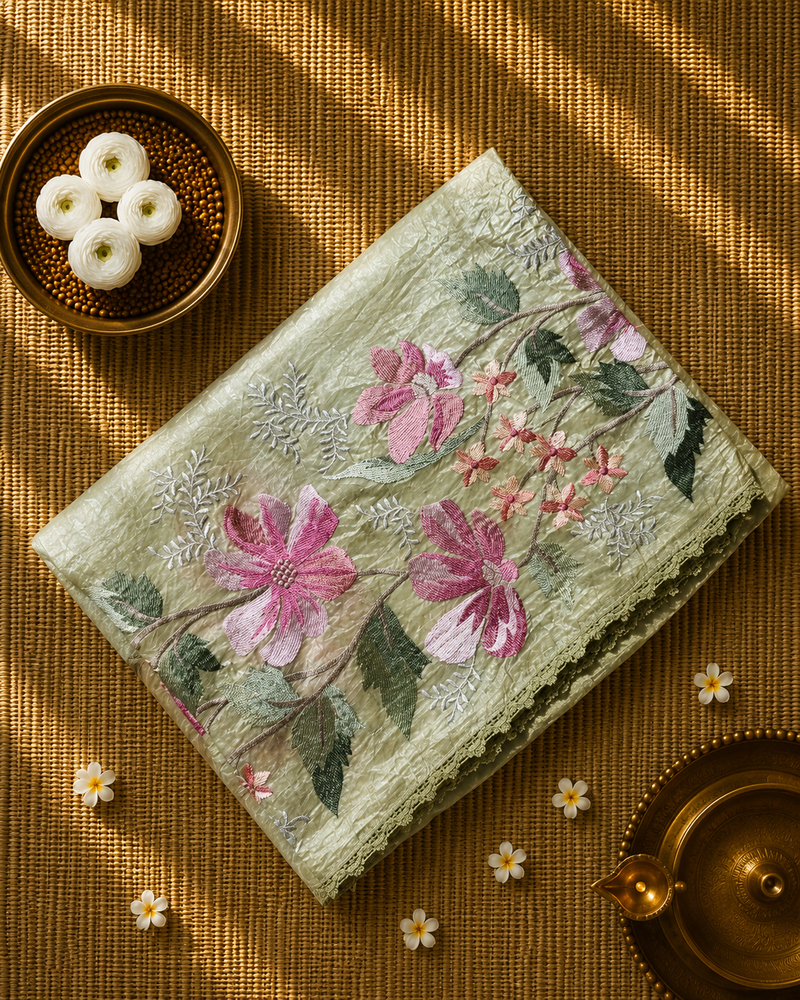 Crush Tissue Saree with Floral Embroidery