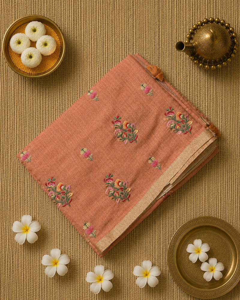 Linen Sari with Embroidered Motifs and Contrast Blouse