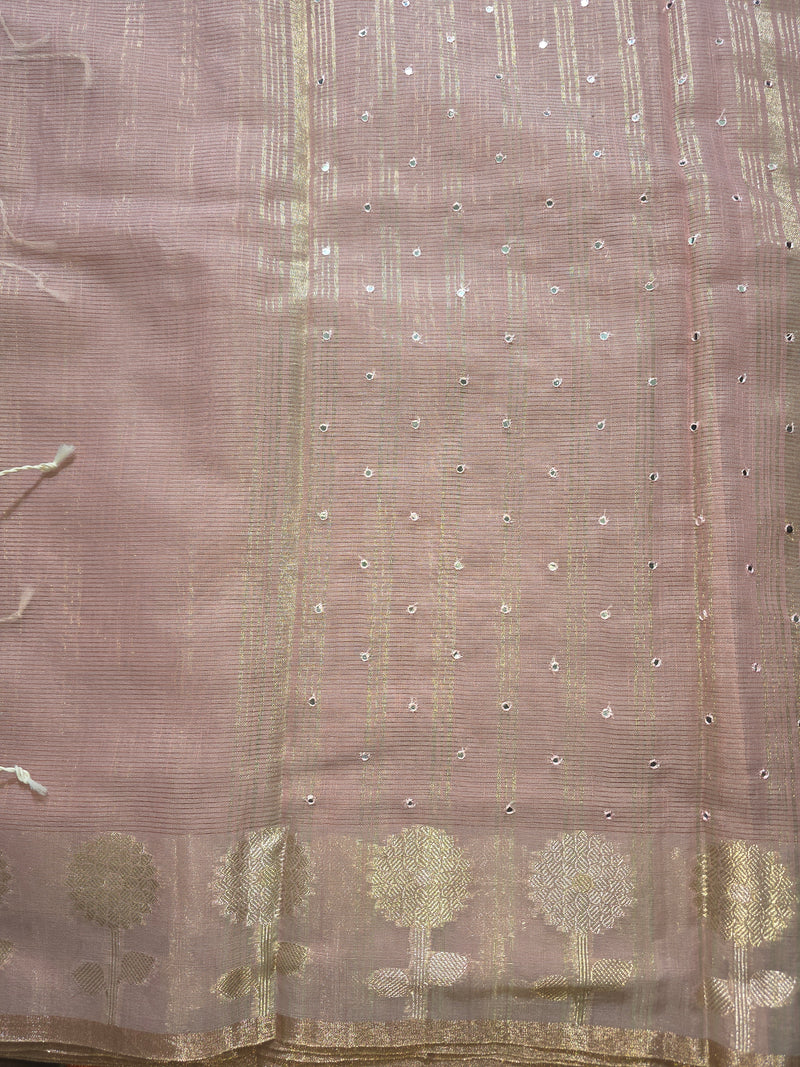 Pink Linen Zari Saree with woven Motifs and Mirror work