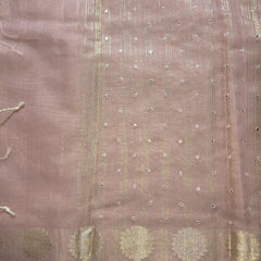 Pink Linen Zari Saree with woven Motifs and Mirror work
