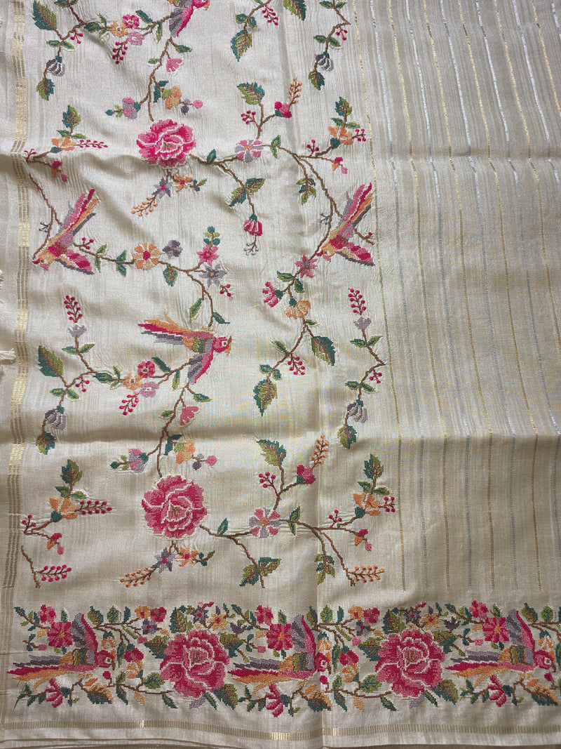 Pure Tussar Silk Saree with Vertical Zari Stripes and Petit Point Embroidery