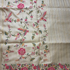 Pure Tussar Silk Saree with Vertical Zari Stripes and Petit Point Embroidery