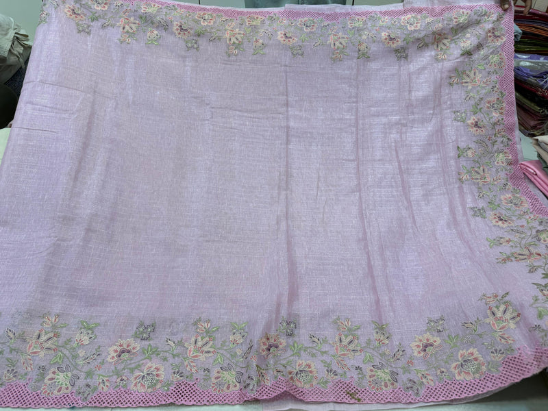 Pink Linen Tissue Saree with Cutwork and Embroidery