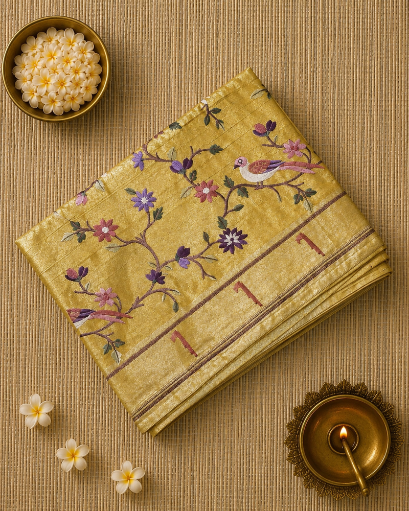 Pure Kora Tissue Saree with Muniya Border and Heavy Embriodery