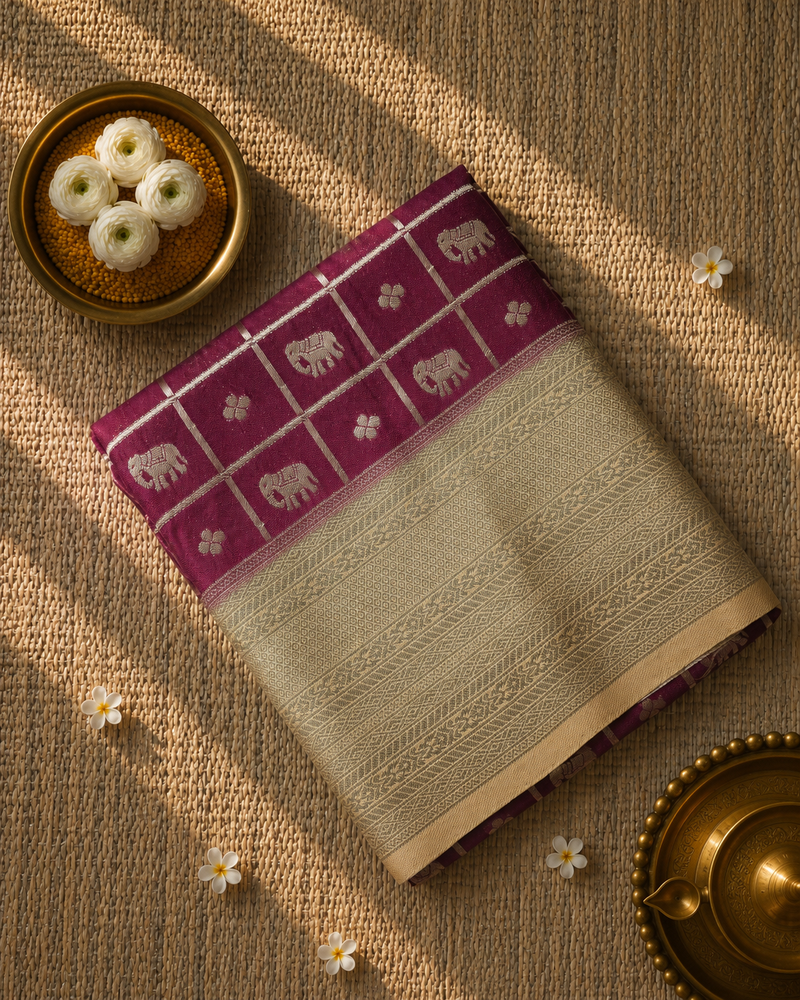 Premium Semi Mysore Crepe with Elephant motifs ,Rich Pallu and Ganga Jamuna Border