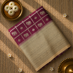 Premium Semi Mysore Crepe with Elephant motifs ,Rich Pallu and Ganga Jamuna Border