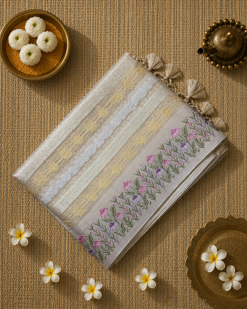 Kota Tissue Saree with Zari Weaving and Embroidery