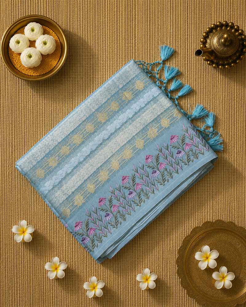 Kota Tissue Saree with Zari Weaving and Embroidery