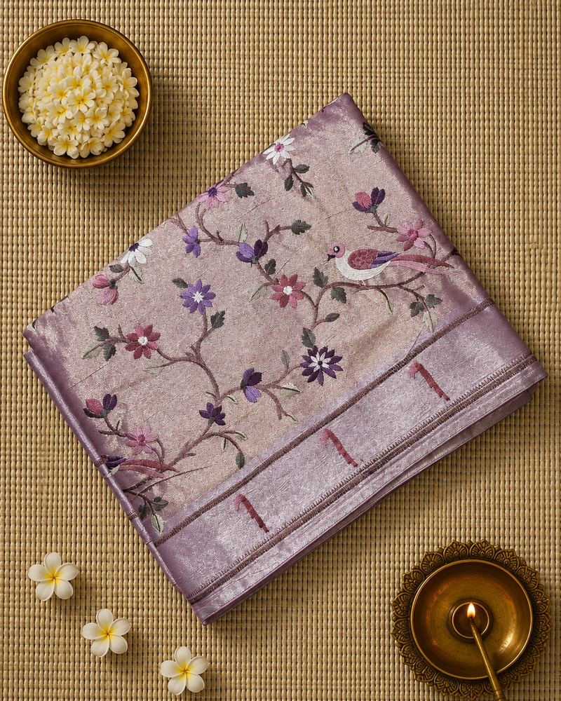 Pure Kora Tissue Saree with Muniya Border and Heavy Embriodery