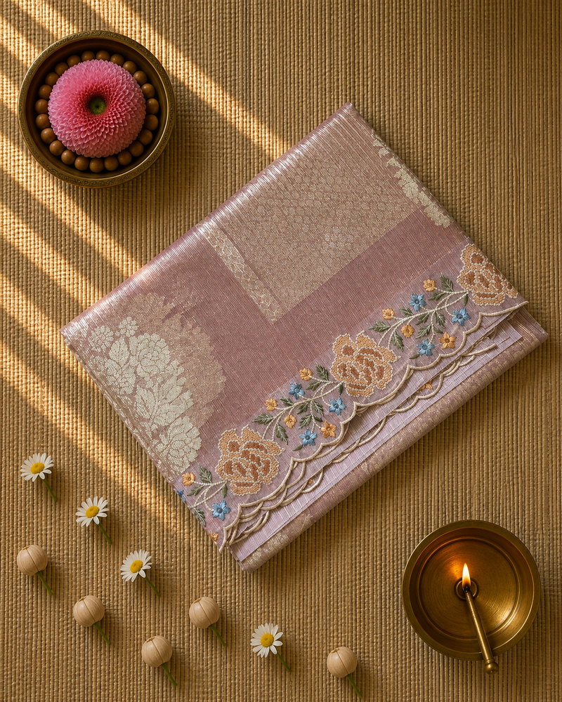 Kota Tissue Saree with Sona Rupa Zari and Scallop Border