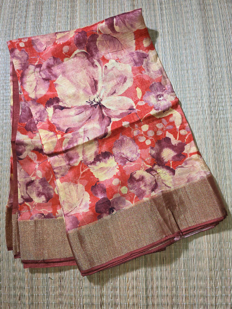 Rust Floral Printed Tussar Saree