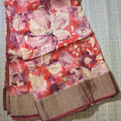 Rust Floral Printed Tussar Saree