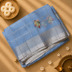Blue Linen Zari Saree with Pearl Embroidered motifs