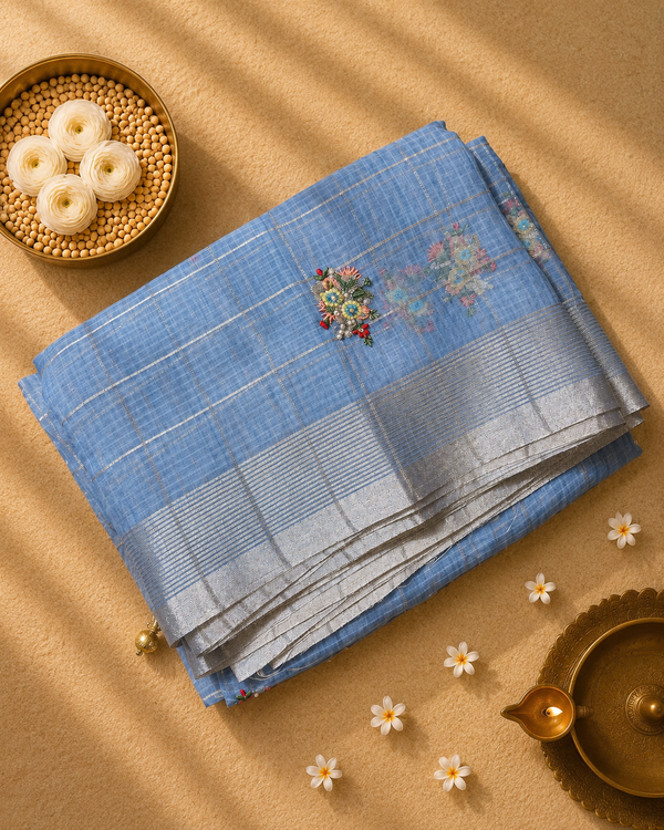 Blue Linen Zari Saree with Pearl Embroidered motifs