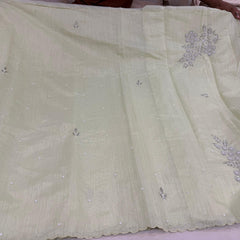 Lemon Yellow Linen Tissue Saree with Pearl Embroidered motifs